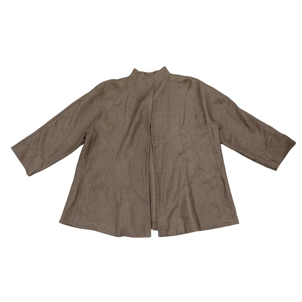 Eileen Fisher Womens L Brown Linen Cotton Soft Blazer Open Front Stand Collar